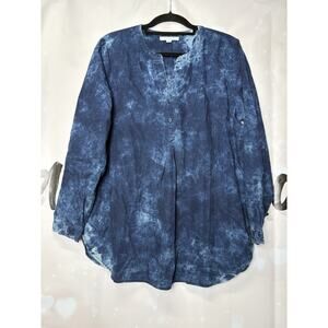 J. Jill Denim L/S Blue Tie Dye Popover Blouse L Organic Cotton Boho Casual Basic